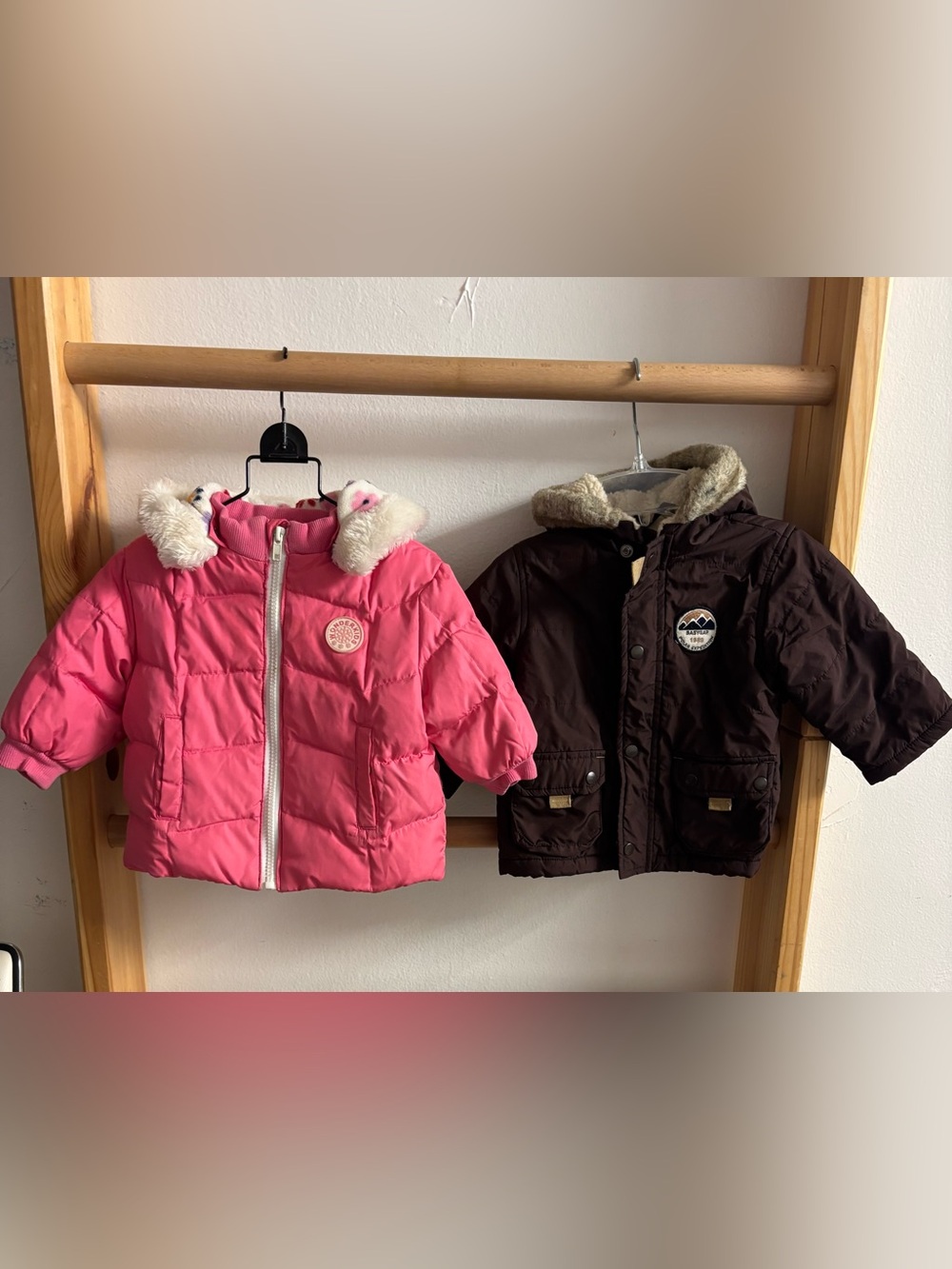 Set of Two Jackets, Wonderkids Bright Pink Puffy Jacket, BabyGap Brown Jacket